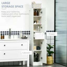 Rackhams Luxury Tall Bathroom Cabinet with High Gloss Panel, Sleek White Bathroom Cabinet with Push-to-Open Door, White - thumbnail 4