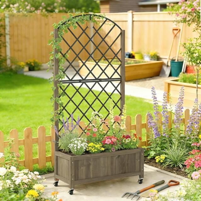 Rackhams Garden Bed w/Metal Trellis, Wooden Elevated Planter Box - 72W x 36D x 168H cm - Grey - image 1