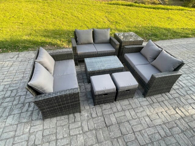 Rackhams 7pc Rattan Sofa Garden Furniture Outdoor Patio Set with Side Table 2 Small Footstools Double Seat Sofa Dark Grey Mixed - image 1