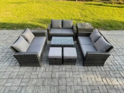 Rackhams 7pc Rattan Sofa Garden Furniture Outdoor Patio Set with Side Table 2 Small Footstools Double Seat Sofa Dark Grey Mixed - thumbnail 2
