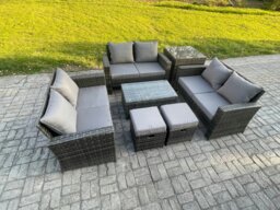 Rackhams 7pc Rattan Sofa Garden Furniture Outdoor Patio Set with Side Table 2 Small Footstools Double Seat Sofa Dark Grey Mixed - thumbnail 1