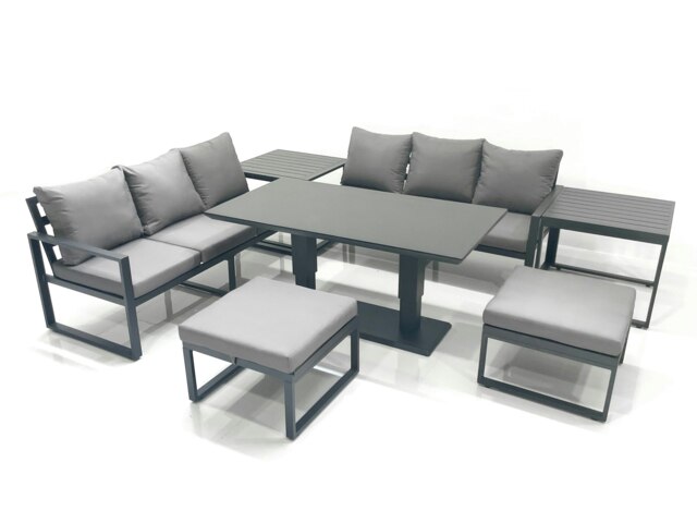Rackhams 8-Seater Aluminium Outdoor Dining Set - Adjustable Rising Table, 3-Seater Sofa, 2 Footstools, 2 Side Tables - Dark Grey - image 1
