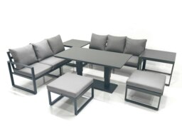 Rackhams 8-Seater Aluminium Outdoor Dining Set - Adjustable Rising Table, 3-Seater Sofa, 2 Footstools, 2 Side Tables - Dark Grey - thumbnail 1