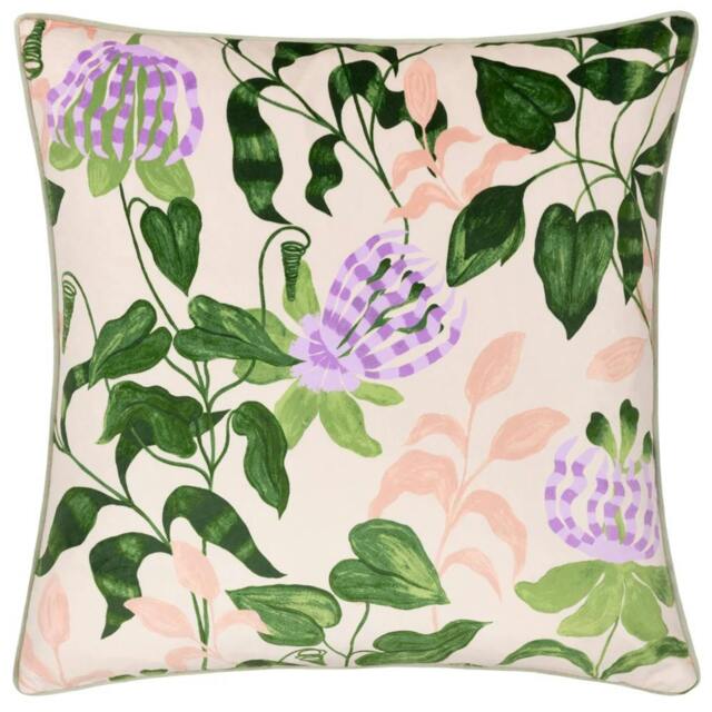 Rackhams Piped Velvet Passion Flower Cushion Cover - Peach/Vine Green - 50cm x 50cm - Peach/Vine Green - 100% Polyester - image 1