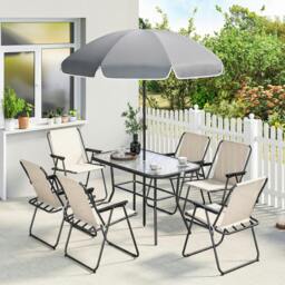 Rackhams 8 Piece Garden Dining Set with 6 Folding Chairs and Umbrella - Cream - thumbnail 1