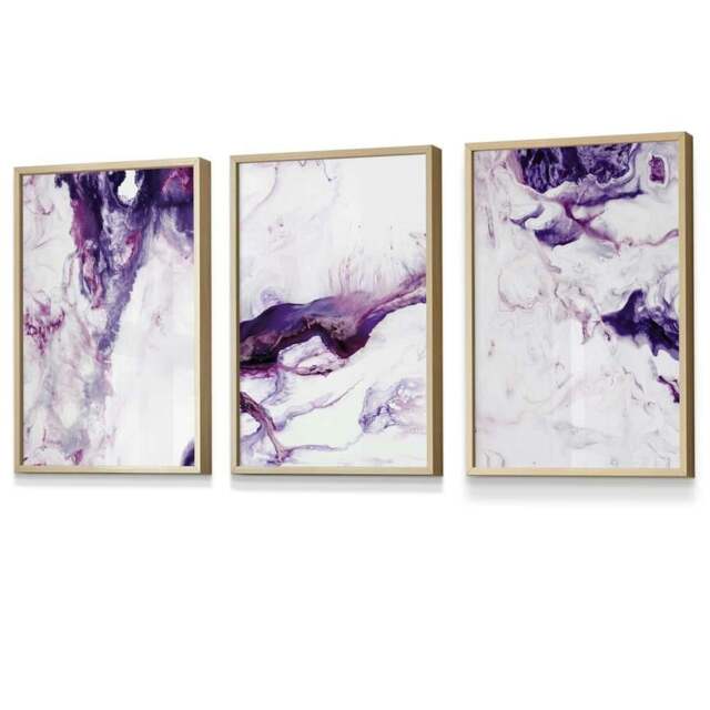 Rackhams Set of 3 Purple Pink Abstract Waves Framed Wall Art - 59x84cm (A1) - Light Oak - image 1
