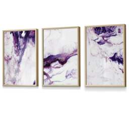 Rackhams Set of 3 Purple Pink Abstract Waves Framed Wall Art - 59x84cm (A1) - Light Oak
