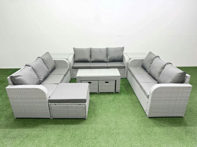 Rackhams PE Rattan Lounge Sofa Set 12 Seater Outdoor Garden Furniture Set with Oblong Coffee Table 3 Seater Sofa 3 Stools 2 Side Table Light Grey - image 1