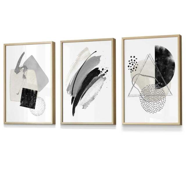 Rackhams Abstract Grey Black and Silver Set of 3 Framed Wall Art Prints - 42x59cm (A2) - Light Oak - image 1