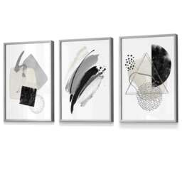Rackhams Abstract Grey Black and Silver Set of 3 Framed Wall Art Prints - 42x59cm (A2) - Light Oak - thumbnail 6