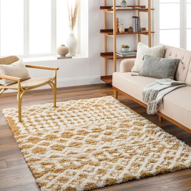 Rackhams Urban Shag-Geometric Camel Ivory Soft Plush Pile Rug - 200 x 290 cm - image 1