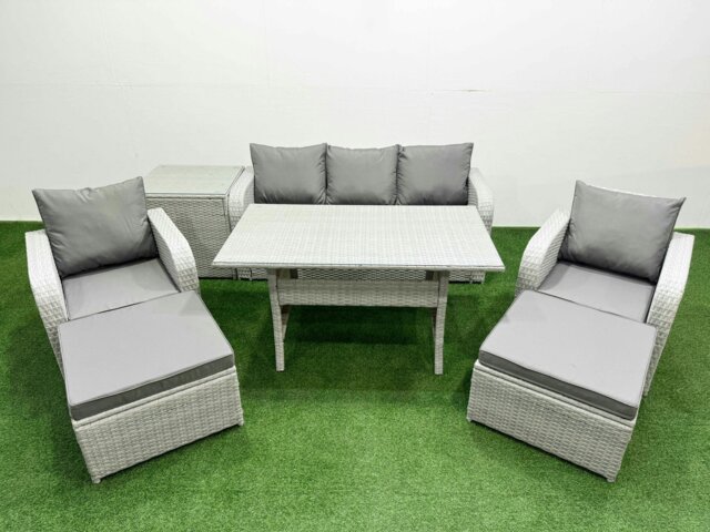 Rackhams PE Rattan Garden Furniture Set Reclining Chair Sofa Lounge Sofa Set Rectangular Dining Table Side Table 2 Big Footstool Light Grey - image 1
