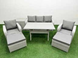 Rackhams PE Rattan Garden Furniture Set Reclining Chair Sofa Lounge Sofa Set Rectangular Dining Table Side Table 2 Big Footstool Light Grey - thumbnail 1
