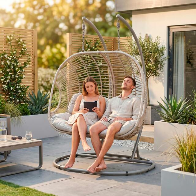 Rackhams Egg Hanging Swing Chair, Wicker Rattan Basket, Steel Frame, Double - DG61 - image 1