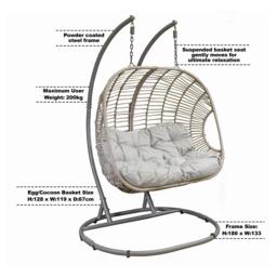 Rackhams Egg Hanging Swing Chair, Wicker Rattan Basket, Steel Frame, Double - DG61 - thumbnail 4