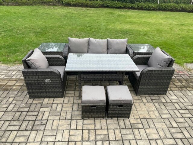 Rackhams 7 Seater Rattan Outdoor Garden Furniture Set Rectangular Dining Table and Chair Sofa Set With 2 Side Tables 2 Small Footstools Dark Grey Mixed - image 1