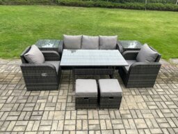 Rackhams 7 Seater Rattan Outdoor Garden Furniture Set Rectangular Dining Table and Chair Sofa Set With 2 Side Tables 2 Small Footstools Dark Grey Mixed - thumbnail 1