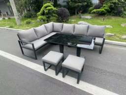 Rackhams Aluminum Outdoor Garden Furniture Corner Sofa Adjustable Rising Lifting Table Sets Dark Grey Black Tempered Glass 8 Seater - thumbnail 1