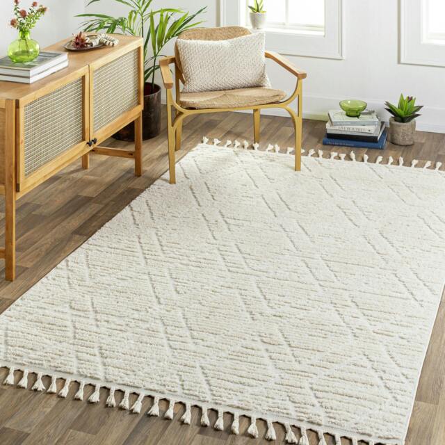 Rackhams Nora-Geometric Grey Ivory High Pile Fringe Rug - 200 x 275 cm - image 1