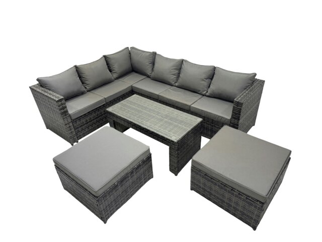 Rackhams 5 Pieces Outdoor PE Rattan Garden Furniture Corner Sofa Oblong Coffee Table Set with Cushions 2 Big Footstools Dark Grey Mixed - image 1