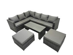 Rackhams 5 Pieces Outdoor PE Rattan Garden Furniture Corner Sofa Oblong Coffee Table Set with Cushions 2 Big Footstools Dark Grey Mixed - thumbnail 1