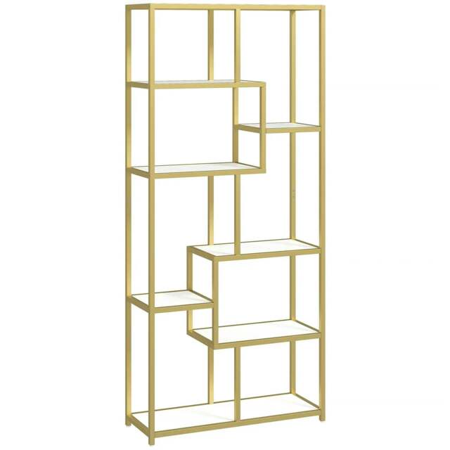Rackhams Seven-Tier Geometric Bookcase - White/Gold Tone