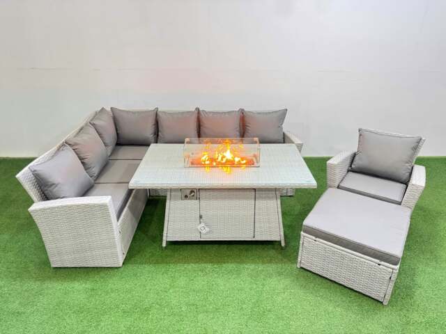 Rackhams 8 Seat Rattan Garden Furniture Corner Sofa Set Outdoor Gas Fire Pit Table Sets with Big Footstool Light Grey - image 1