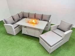 Rackhams 8 Seat Rattan Garden Furniture Corner Sofa Set Outdoor Gas Fire Pit Table Sets with Big Footstool Light Grey - thumbnail 2