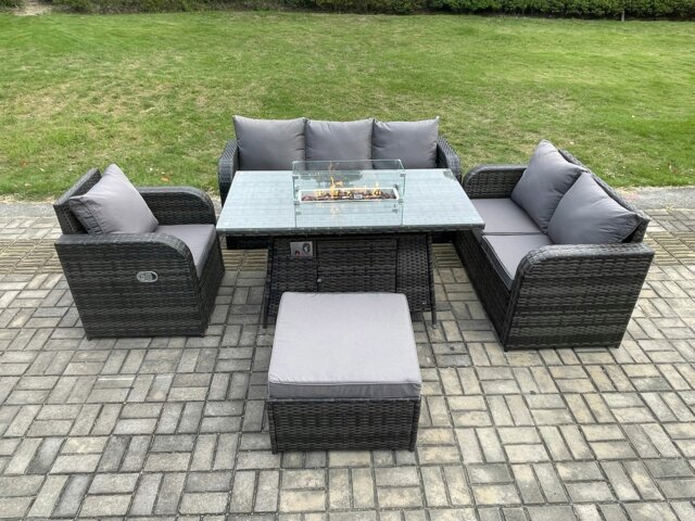 Rackhams Rattan Garden Furniture Set with Fire Pit Table 7 Seater Outdoor Lounge Sofa Set Dark Grey Mixed - image 1