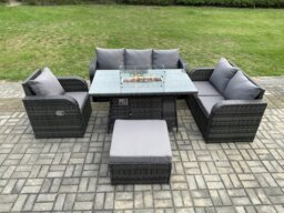 Rackhams Rattan Garden Furniture Set with Fire Pit Table 7 Seater Outdoor Lounge Sofa Set Dark Grey Mixed - thumbnail 1