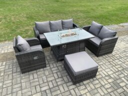 Rackhams Rattan Garden Furniture Set with Fire Pit Table 7 Seater Outdoor Lounge Sofa Set Dark Grey Mixed - thumbnail 2