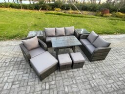 Rackhams 9 PCS Outdoor Lounge Sofa Set Wicker PE Rattan Garden Furniture Set with Rectangular Dining Table Armchair 3 Footstools Dark Grey Mixed - thumbnail 1