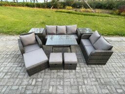 Rackhams 9 PCS Outdoor Lounge Sofa Set Wicker PE Rattan Garden Furniture Set with Rectangular Dining Table Armchair 3 Footstools Dark Grey Mixed - thumbnail 2