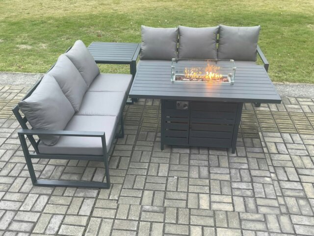 Rackhams Aluminium 6 Seater Outdoor Garden Furniture Lounge Sofa Set Gas Fire Pit Dining Table with Side Table Dark Grey - image 1