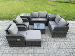 Rackhams 7 Seater Dark Grey Mixed Rattan Outdoor Sofa Set - Square Coffee Table, Loveseat, Reclining Chairs, 2 Side Tables & Big Footstool - thumbnail 1