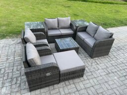 Rackhams 7 Seater Dark Grey Mixed Rattan Outdoor Sofa Set - Square Coffee Table, Loveseat, Reclining Chairs, 2 Side Tables & Big Footstool - thumbnail 2