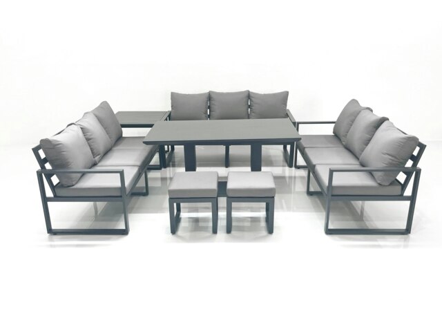 Rackhams 11 Seater Garden Sofa Set Aluminium Furniture Rising Dining Tabe Set with Side Table 2 Small Footstools Dark Grey - image 1
