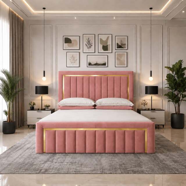 Rackhams New Gold Strip Ottoman Bed Frame - Double - Solid Wood - Pink - image 1