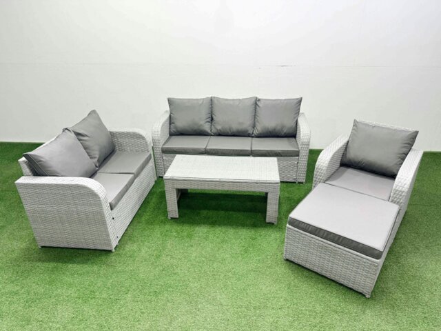 Rackhams 7-Seater Patio Sofa Set - Light Grey PE Wicker Rattan Outdoor Furniture with Oblong Coffee Table & Reclining Chair - image 1