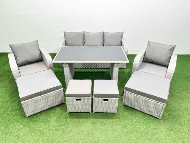 Rackhams 9 Seater Patio Garden Furniture Sets with Black Glass Top Dining Table Love Sofa 4 Stools Light Grey - image 1