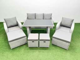 Rackhams 9 Seater Patio Garden Furniture Sets with Black Glass Top Dining Table Love Sofa 4 Stools Light Grey - thumbnail 1