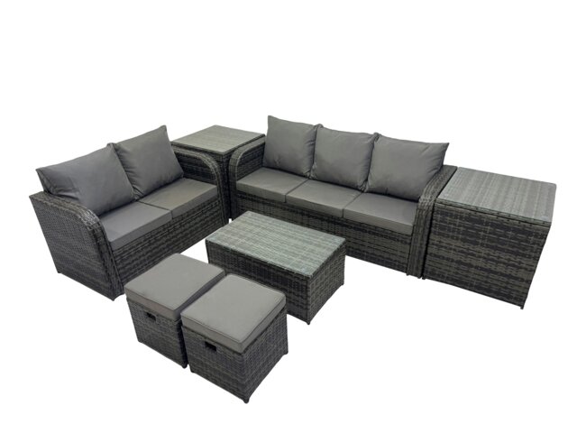 Rackhams Outdoor Love Sofa 3 Seater Sofa Coffee Table Set Garden Rattan Furniture Set 7 Seater with 2 Small Stools 2 Side Tables Dark Grey - image 1