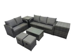 Rackhams Outdoor Love Sofa 3 Seater Sofa Coffee Table Set Garden Rattan Furniture Set 7 Seater with 2 Small Stools 2 Side Tables Dark Grey - thumbnail 1