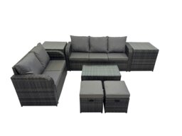 Rackhams Outdoor Love Sofa 3 Seater Sofa Coffee Table Set Garden Rattan Furniture Set 7 Seater with 2 Small Stools 2 Side Tables Dark Grey - thumbnail 2