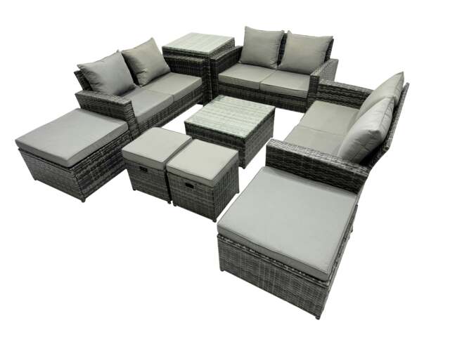 Rackhams PE Rattan Garden Furniture Set Lounge Double Seat Sofa Coffee Table Set with Side Table 4 Stools Dark Grey Mixed - image 1