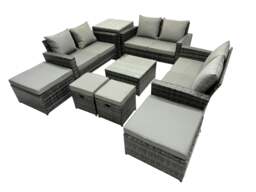Rackhams PE Rattan Garden Furniture Set Lounge Double Seat Sofa Coffee Table Set with Side Table 4 Stools Dark Grey Mixed - thumbnail 1