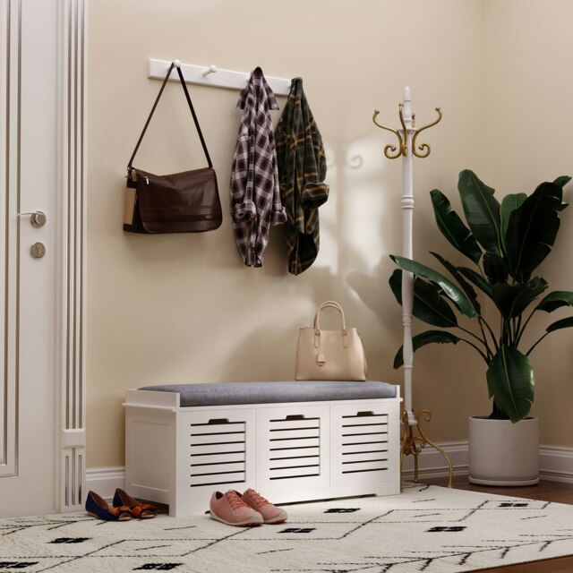 Rackhams 3-Door Shoe Storage Bench Cushion Seat Slatted Doors Elevated Base White - Grey - image 1