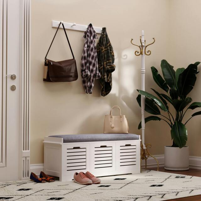 Rackhams 3-Door Shoe Storage Bench Cushion Seat Slatted Doors Elevated Base White - image 1