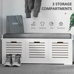Rackhams 3-Door Shoe Storage Bench Cushion Seat Slatted Doors Elevated Base White - Grey - thumbnail 4