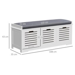 Rackhams 3-Door Shoe Storage Bench Cushion Seat Slatted Doors Elevated Base White - Grey - thumbnail 3